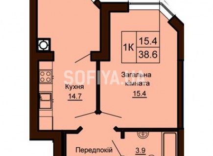 Однокомнатная квартира 38.6 м/кв - ЖК София
