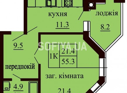 Однокомнатная квартира 55.3 м/кв - ЖК София