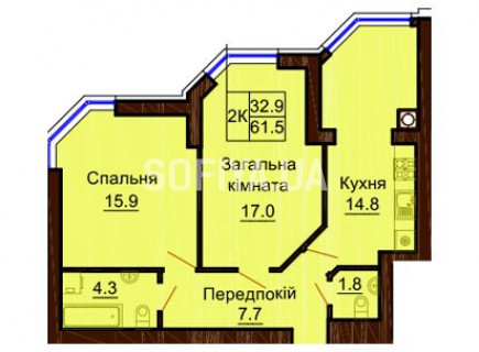 2-х комнатная квартира 61.5 м/кв - ЖК София
