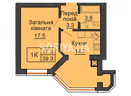 Однокімнатна квартира 39,3 м/кв - ЖК София