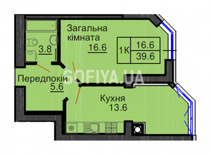 Однокімнатна квартира 39,6 м/кв - ЖК София