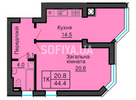 Однокімнатна квартира 44,4 м/кв - ЖК София