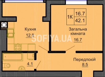 Однокомнатная квартира 42.1 м/кв - ЖК София